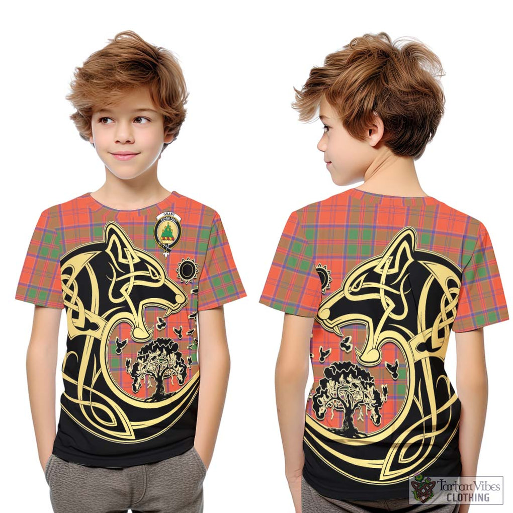 Grant Ancient Tartan Kid T-Shirt with Family Crest Celtic Wolf Style Youth XL Size14 - Tartan Vibes Clothing