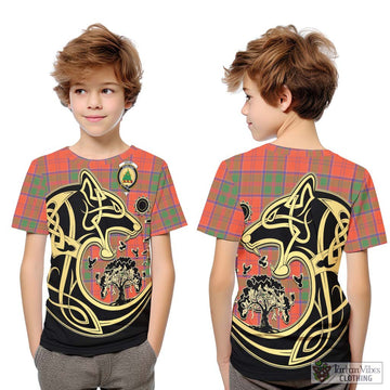 Grant Ancient Tartan Kid T-Shirt with Family Crest Celtic Wolf Style