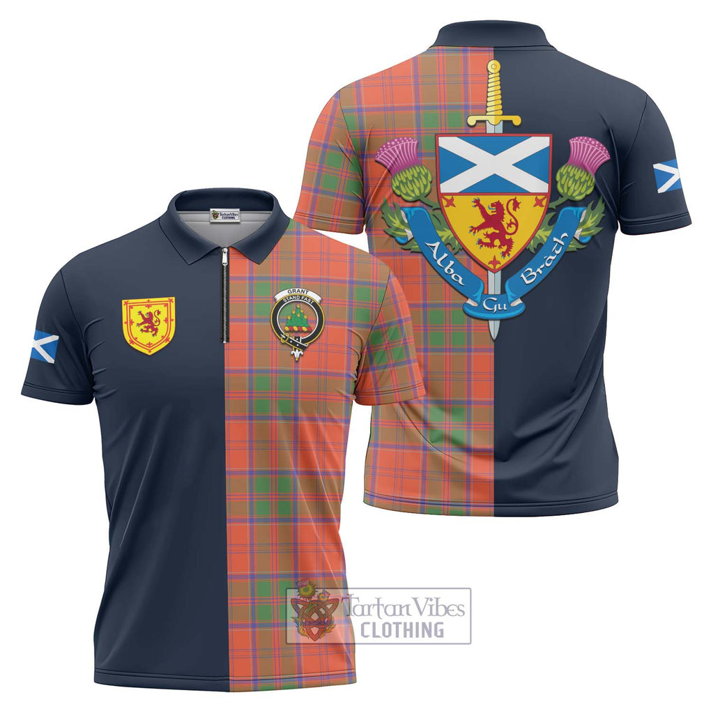 Tartan Vibes Clothing Grant Ancient Tartan Zipper Polo Shirt with Scottish Lion Royal Arm Half Style