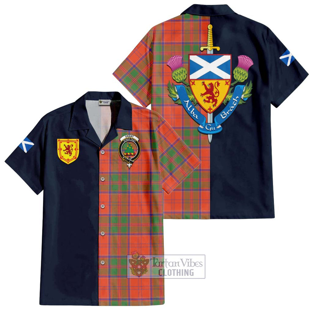 Tartan Vibes Clothing Grant Ancient Tartan Short Sleeve Button Shirt with Scottish Lion Royal Arm Half Style