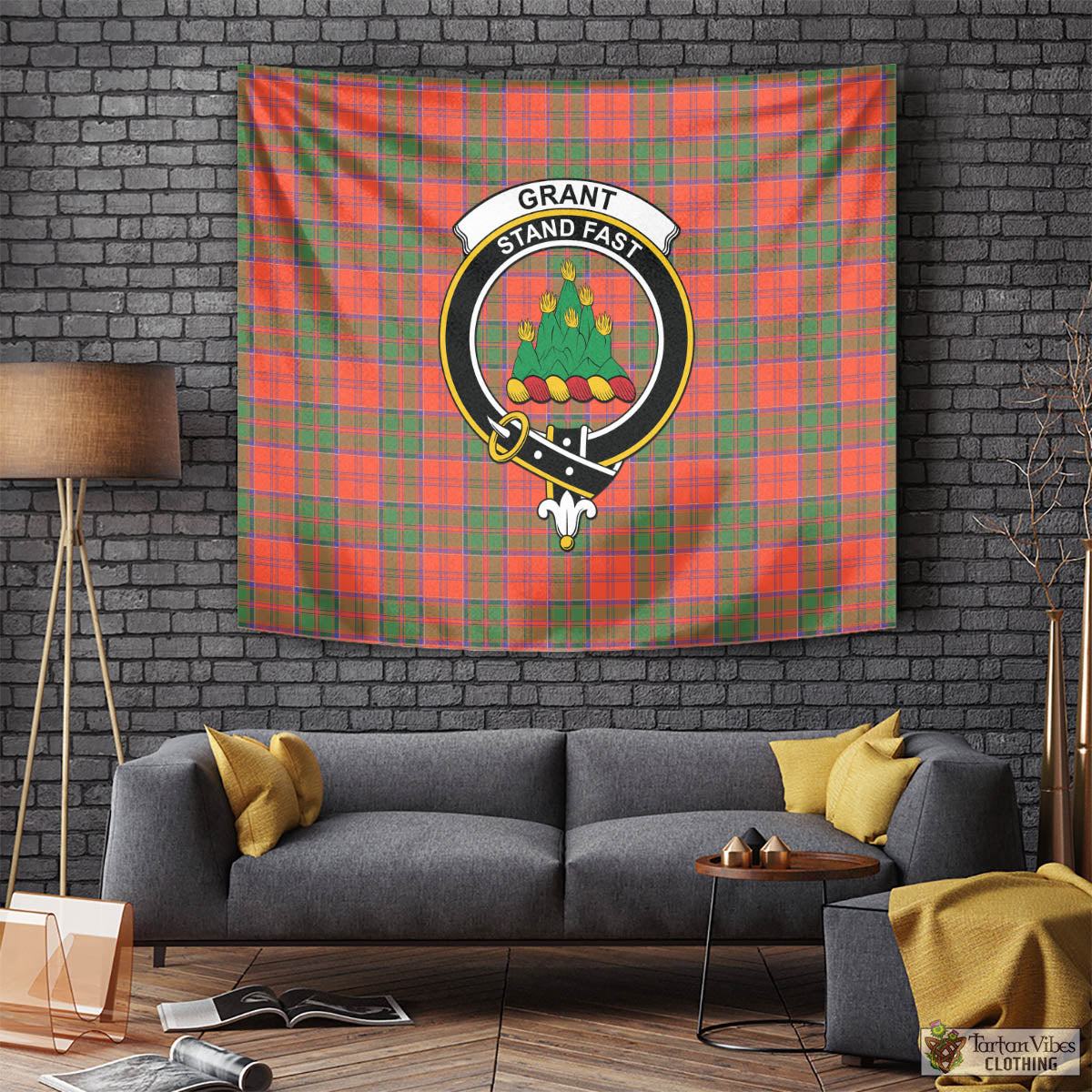 Tartan Vibes Clothing Grant Ancient Tartan Tapestry Wall Hanging and Home Decor for Room with Family Crest