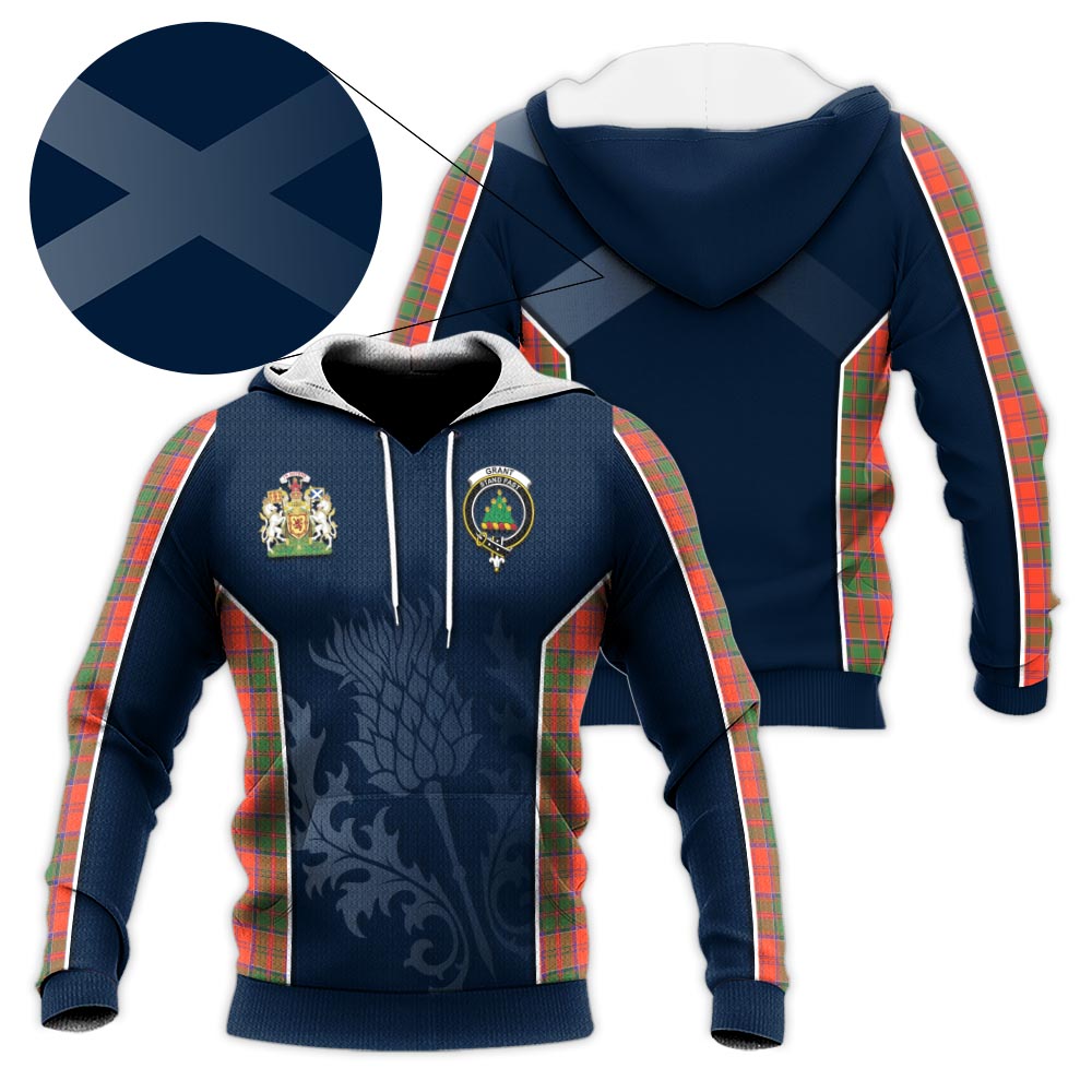 Tartan Vibes Clothing Grant Ancient Tartan Knitted Hoodie with Family Crest and Scottish Thistle Vibes Sport Style