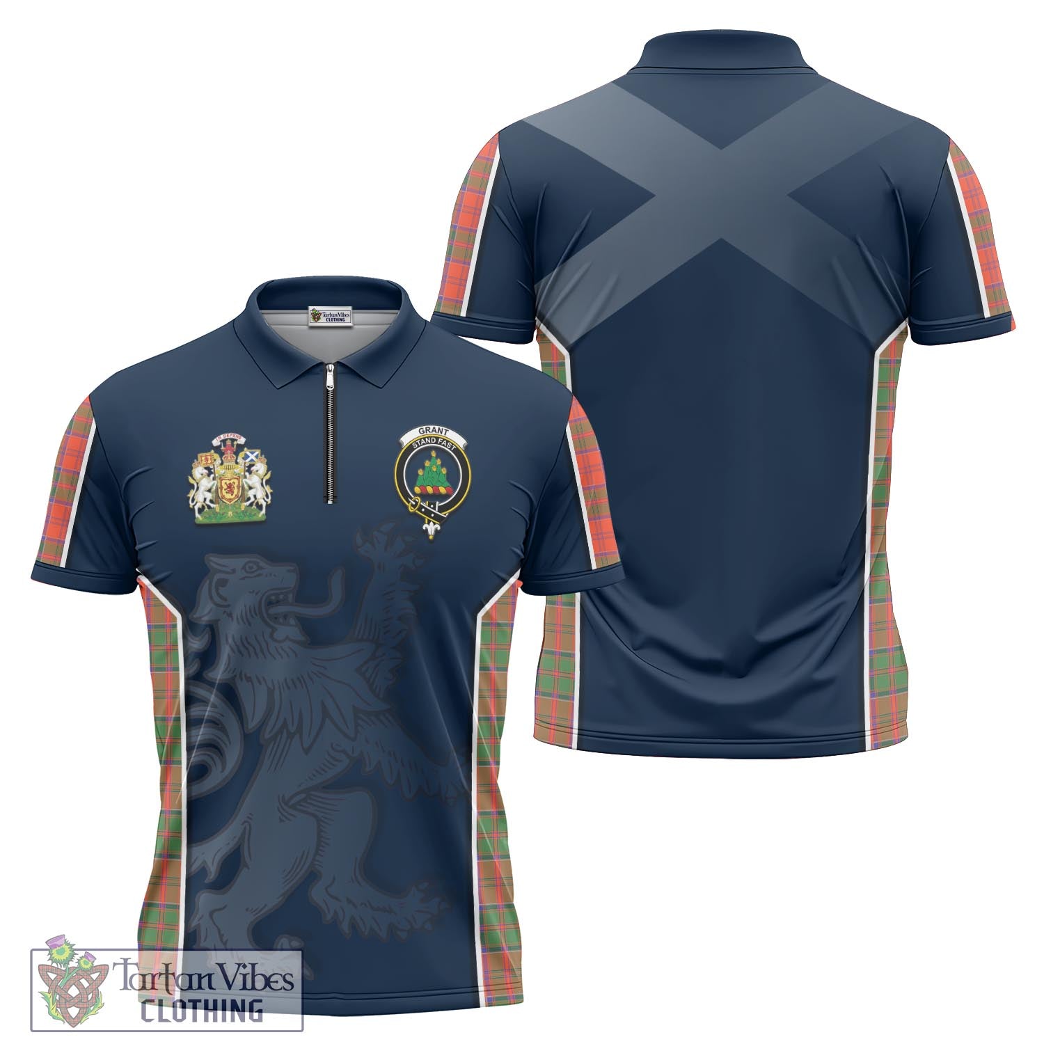 Tartan Vibes Clothing Grant Ancient Tartan Zipper Polo Shirt with Family Crest and Lion Rampant Vibes Sport Style