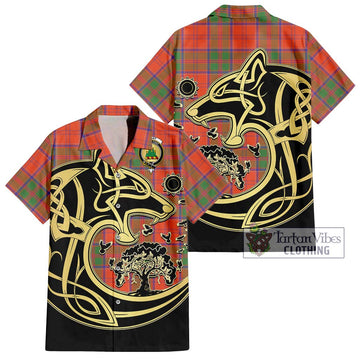 Grant Ancient Tartan Short Sleeve Button Shirt with Family Crest Celtic Wolf Style