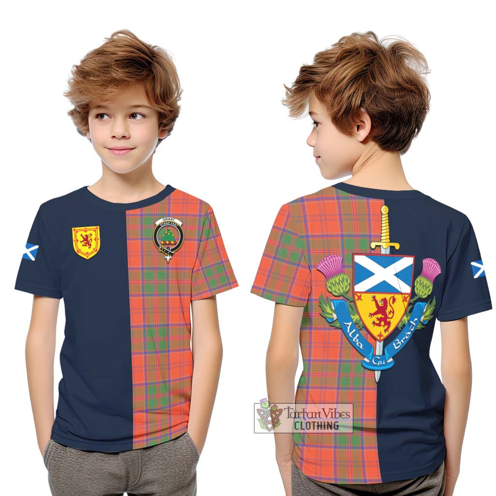 Tartan Vibes Clothing Grant Ancient Tartan Kid T-Shirt with Scottish Lion Royal Arm Half Style