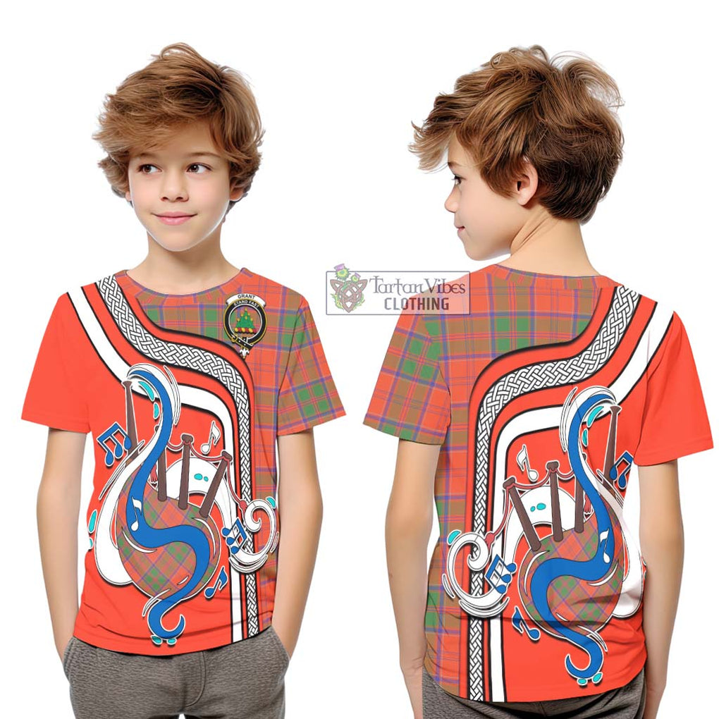 Tartan Vibes Clothing Grant Ancient Tartan Kid T-Shirt with Epic Bagpipe Style