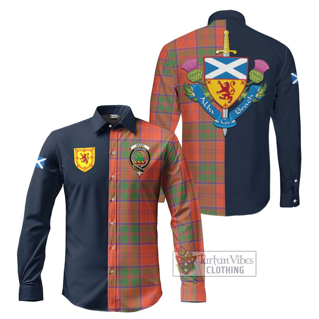 Tartan Vibes Clothing Grant Ancient Tartan Long Sleeve Button Shirt with Scottish Lion Royal Arm Half Style