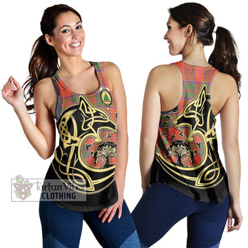 Grant Ancient Tartan Women's Racerback Tanks with Family Crest Celtic Wolf Style