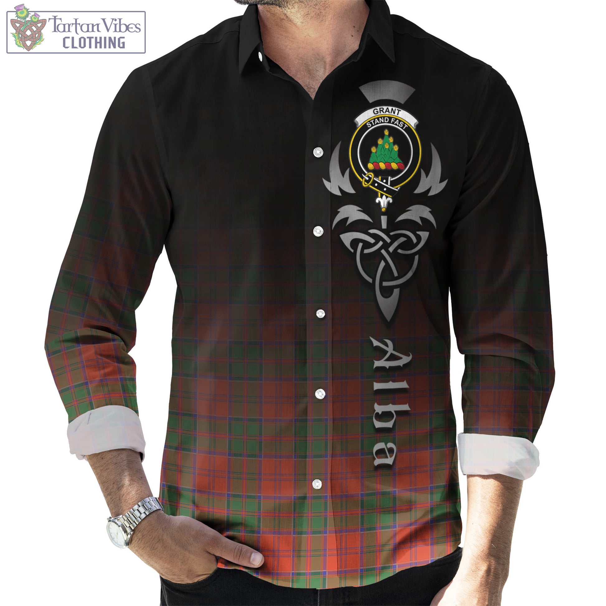 Tartan Vibes Clothing Grant Ancient Tartan Long Sleeve Button Up Featuring Alba Gu Brath Family Crest Celtic Inspired