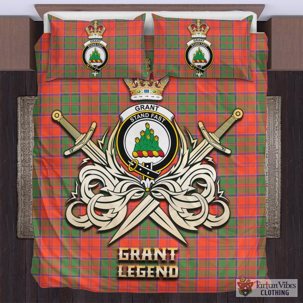 Tartan Vibes Clothing Grant Ancient Tartan Bedding Set with Clan Crest and the Golden Sword of Courageous Legacy