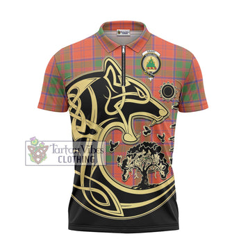 Grant Ancient Tartan Zipper Polo Shirt with Family Crest Celtic Wolf Style