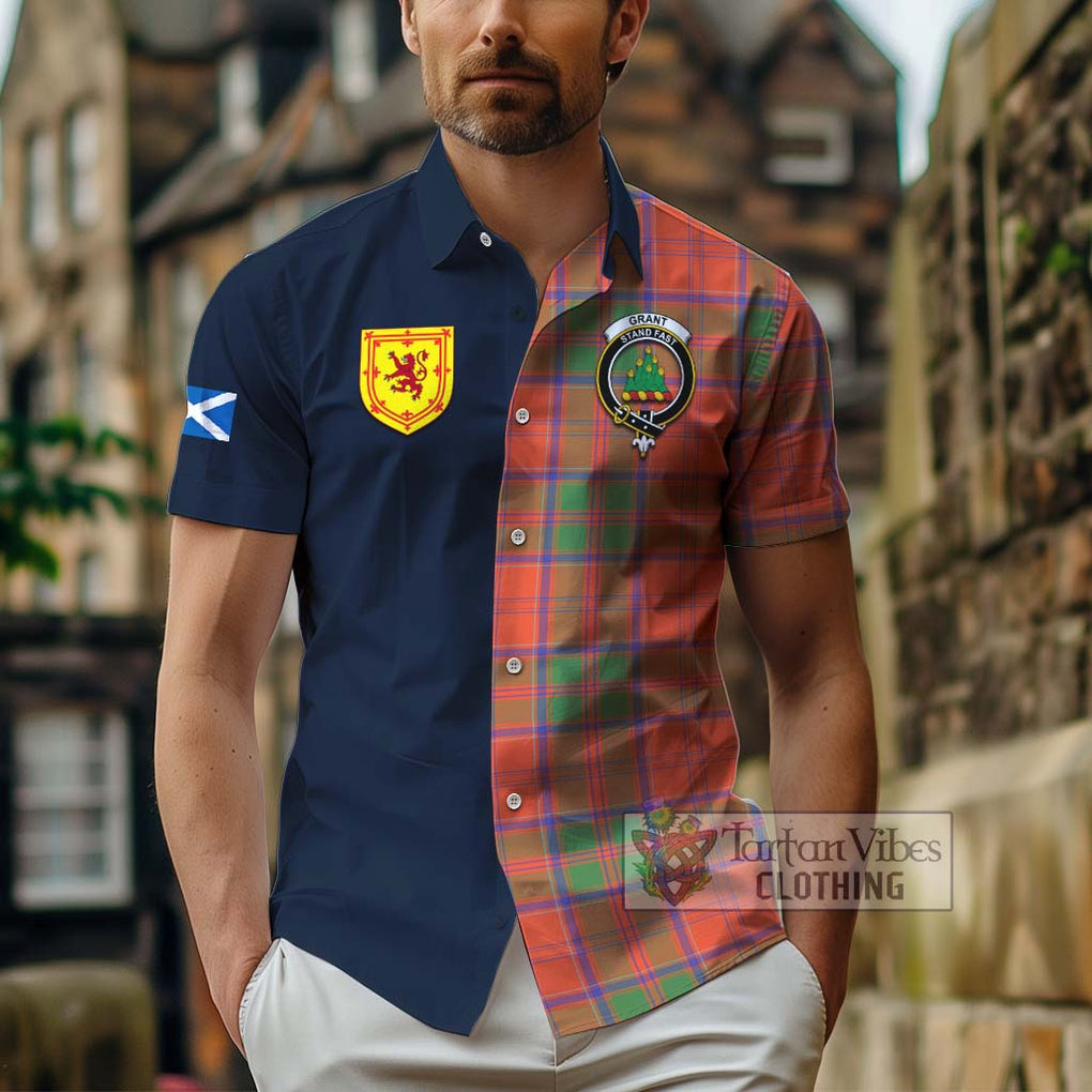 Tartan Vibes Clothing Grant Ancient Tartan Short Sleeve Button Shirt with Scottish Lion Royal Arm Half Style