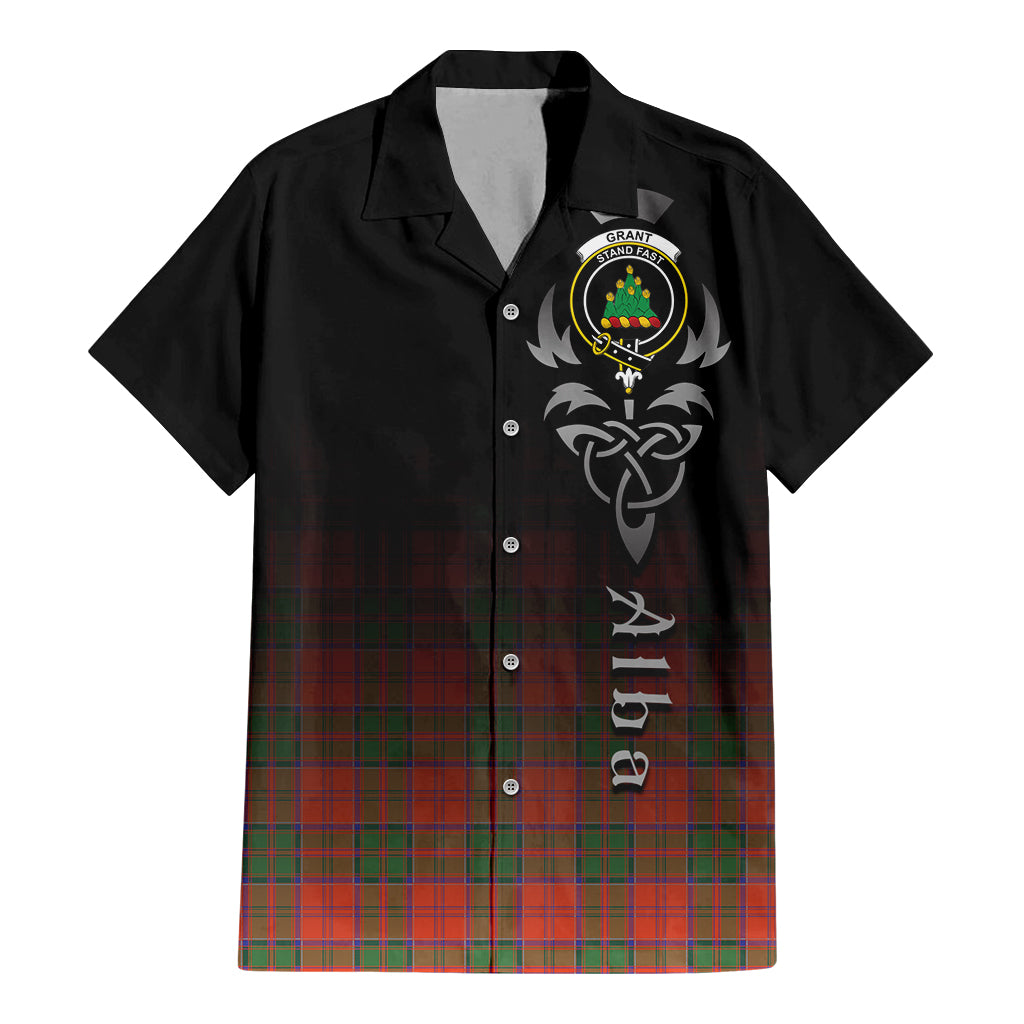 Tartan Vibes Clothing Grant Ancient Tartan Short Sleeve Button Up Featuring Alba Gu Brath Family Crest Celtic Inspired