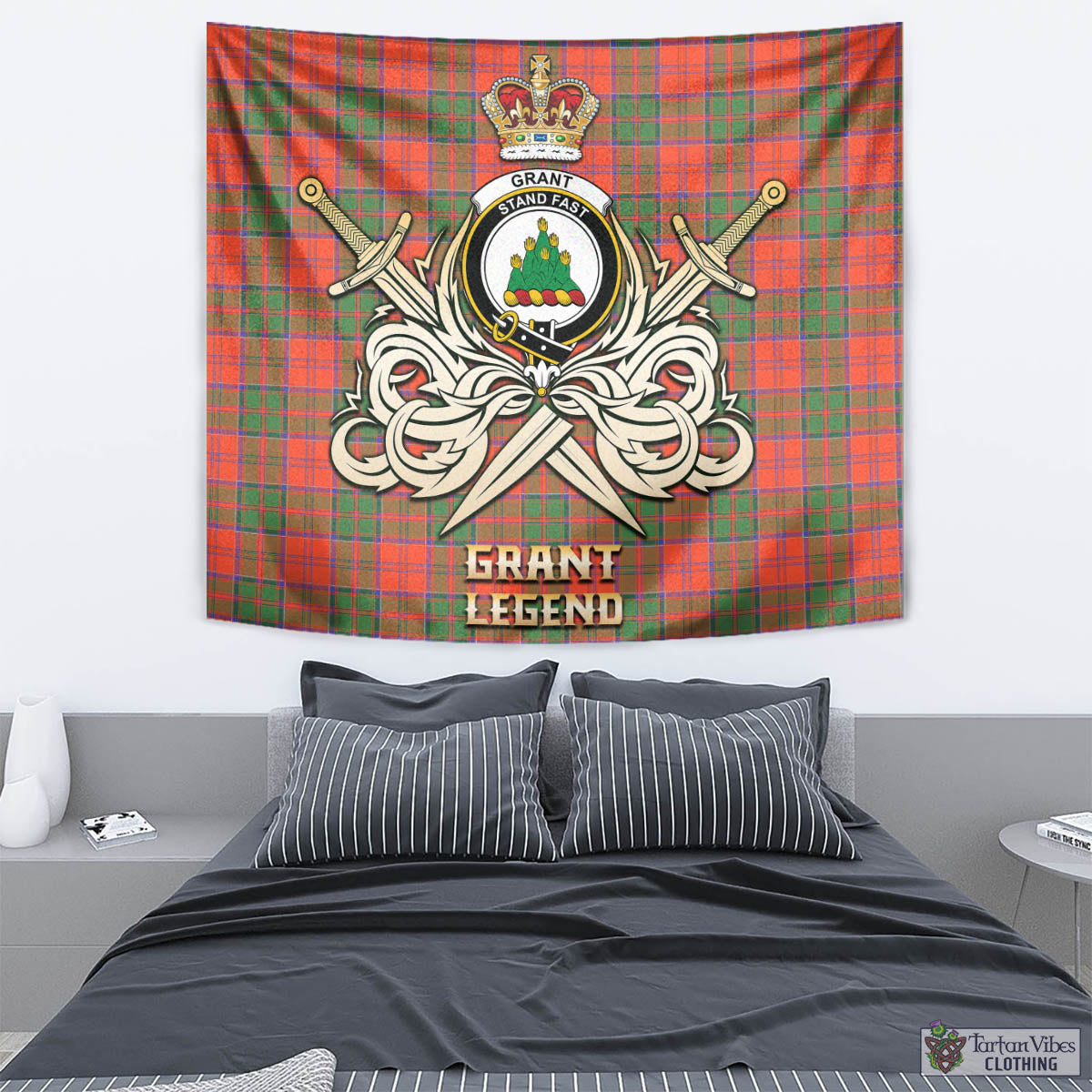 Tartan Vibes Clothing Grant Ancient Tartan Tapestry with Clan Crest and the Golden Sword of Courageous Legacy