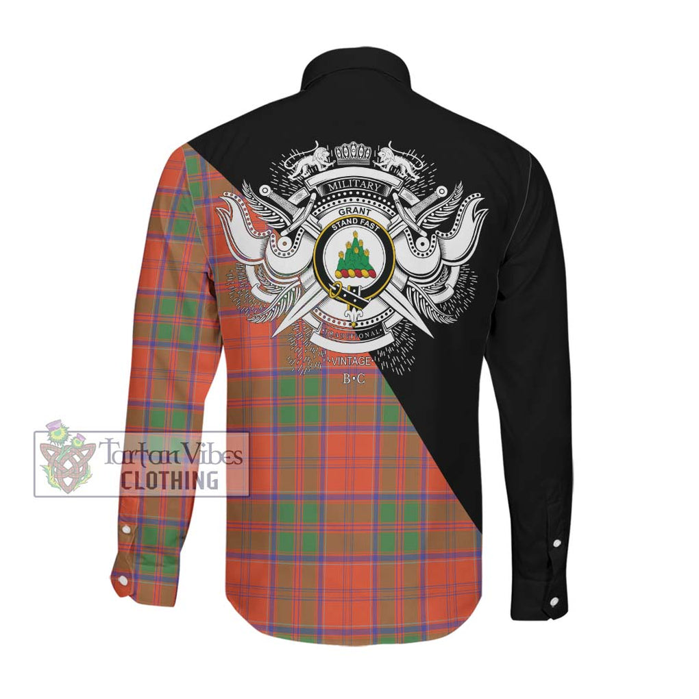 Grant Ancient Tartan Long Sleeve Button Shirt with Family Crest and Military Logo Style Men's Shirt - Tartanvibesclothing Shop