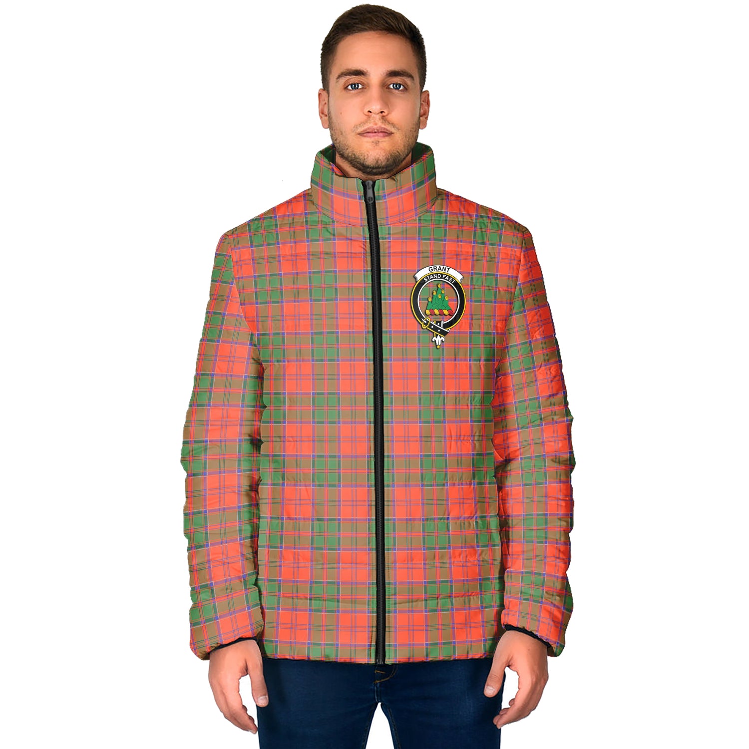 Grant Ancient Tartan Padded Jacket with Family Crest - Tartan Vibes Clothing