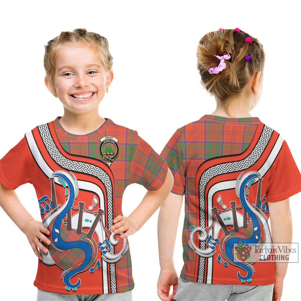 Tartan Vibes Clothing Grant Ancient Tartan Kid T-Shirt with Epic Bagpipe Style