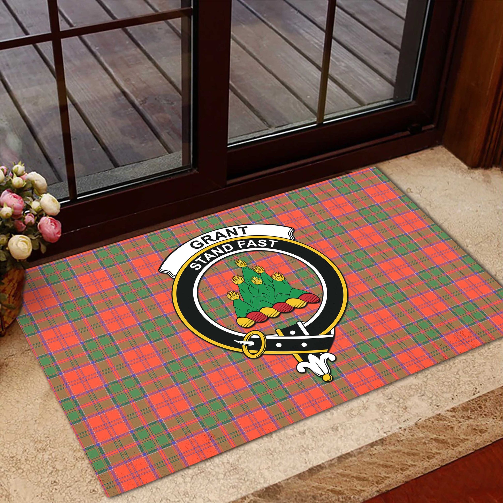 Grant Ancient Tartan Door Mat with Family Crest - Tartanvibesclothing