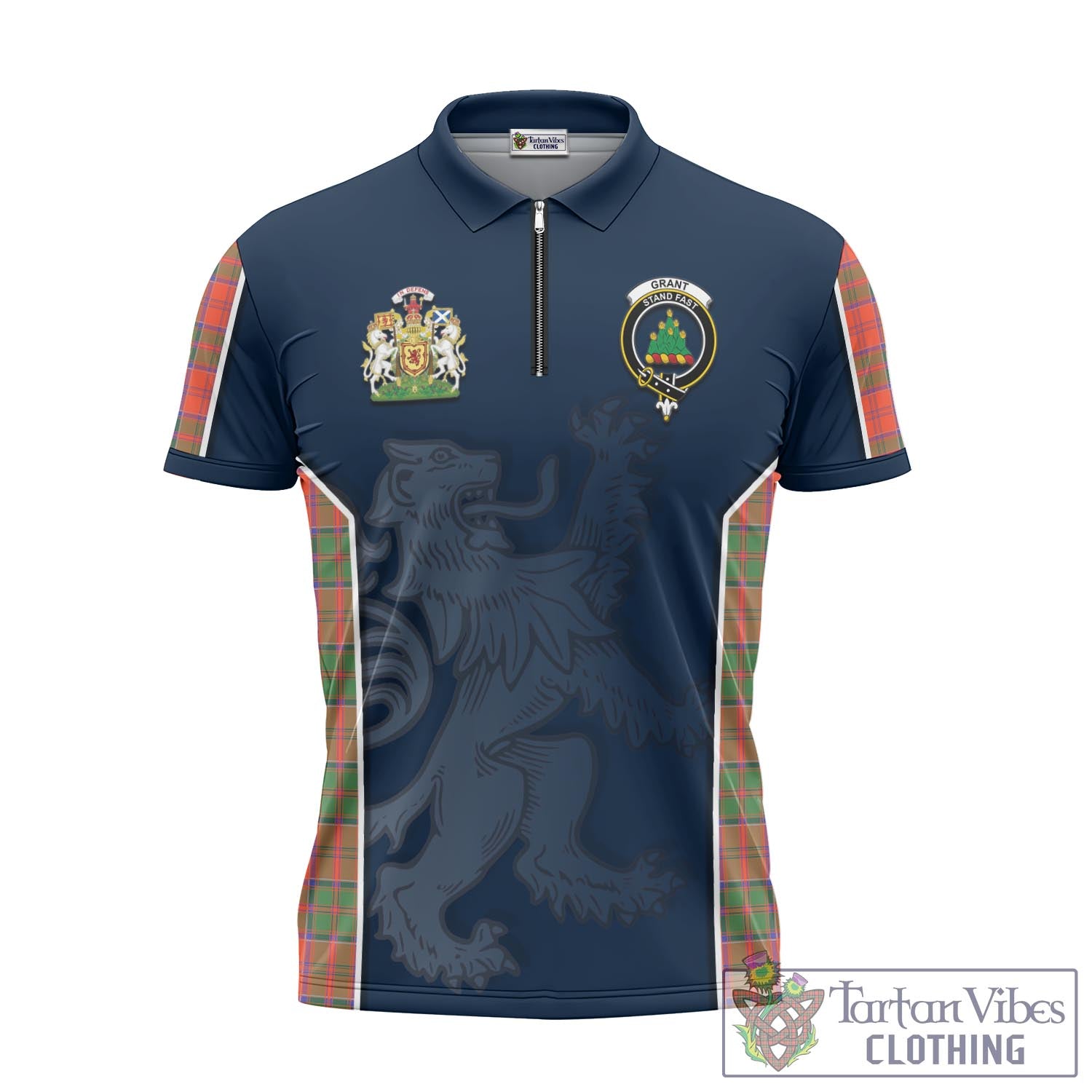 Tartan Vibes Clothing Grant Ancient Tartan Zipper Polo Shirt with Family Crest and Lion Rampant Vibes Sport Style