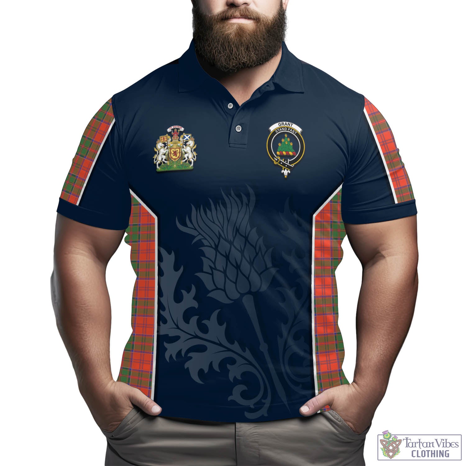 Tartan Vibes Clothing Grant Ancient Tartan Men's Polo Shirt with Family Crest and Scottish Thistle Vibes Sport Style