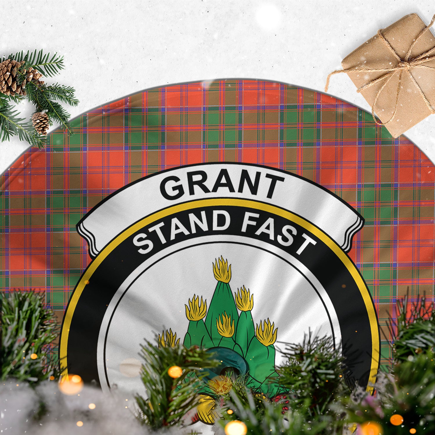 Grant Ancient Tartan Christmas Tree Skirt with Family Crest - Tartanvibesclothing