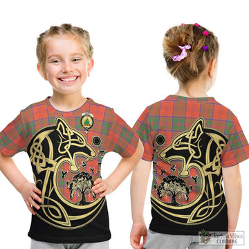 Grant Ancient Tartan Kid T-Shirt with Family Crest Celtic Wolf Style