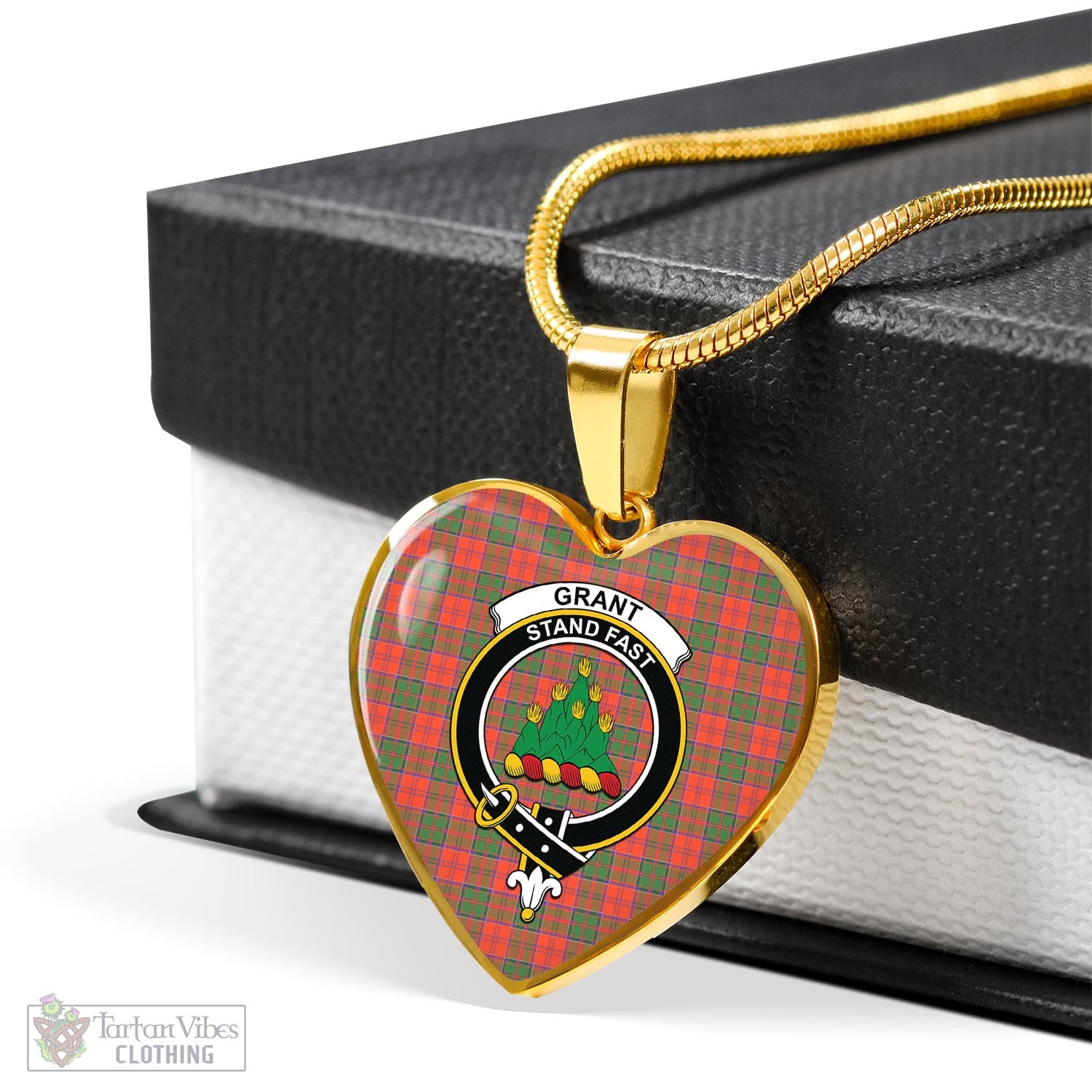 Tartan Vibes Clothing Grant Ancient Tartan Heart Necklace with Family Crest