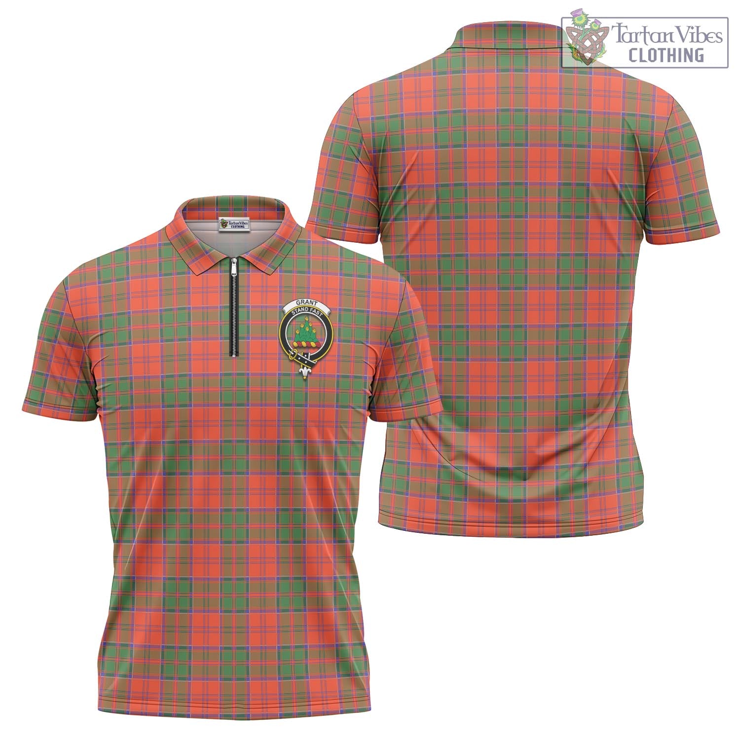 Tartan Vibes Clothing Grant Ancient Tartan Zipper Polo Shirt with Family Crest