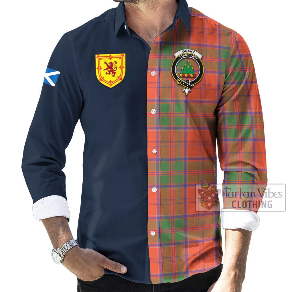 Tartan Vibes Clothing Grant Ancient Tartan Long Sleeve Button Shirt with Scottish Lion Royal Arm Half Style