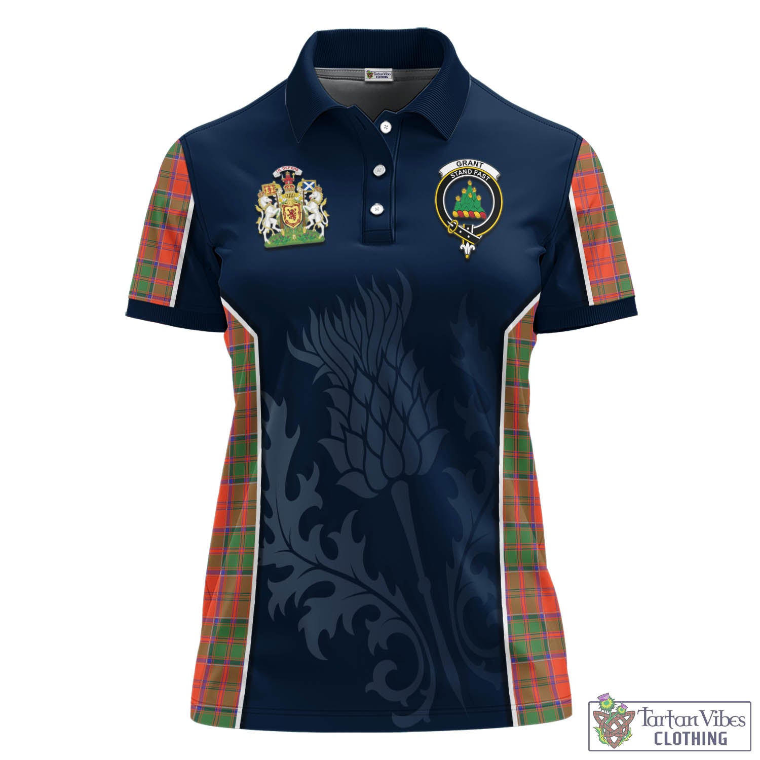 Tartan Vibes Clothing Grant Ancient Tartan Women's Polo Shirt with Family Crest and Scottish Thistle Vibes Sport Style