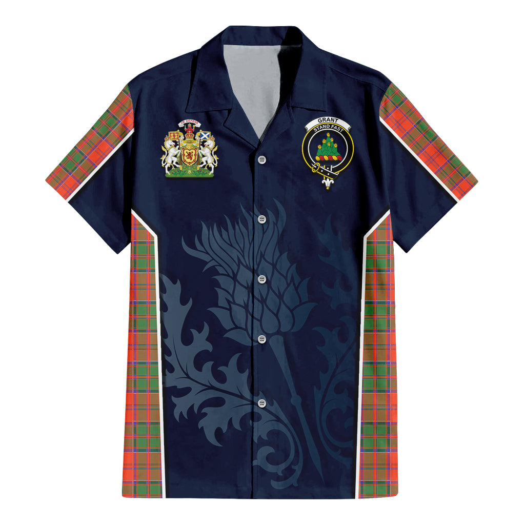 Tartan Vibes Clothing Grant Ancient Tartan Short Sleeve Button Up Shirt with Family Crest and Scottish Thistle Vibes Sport Style