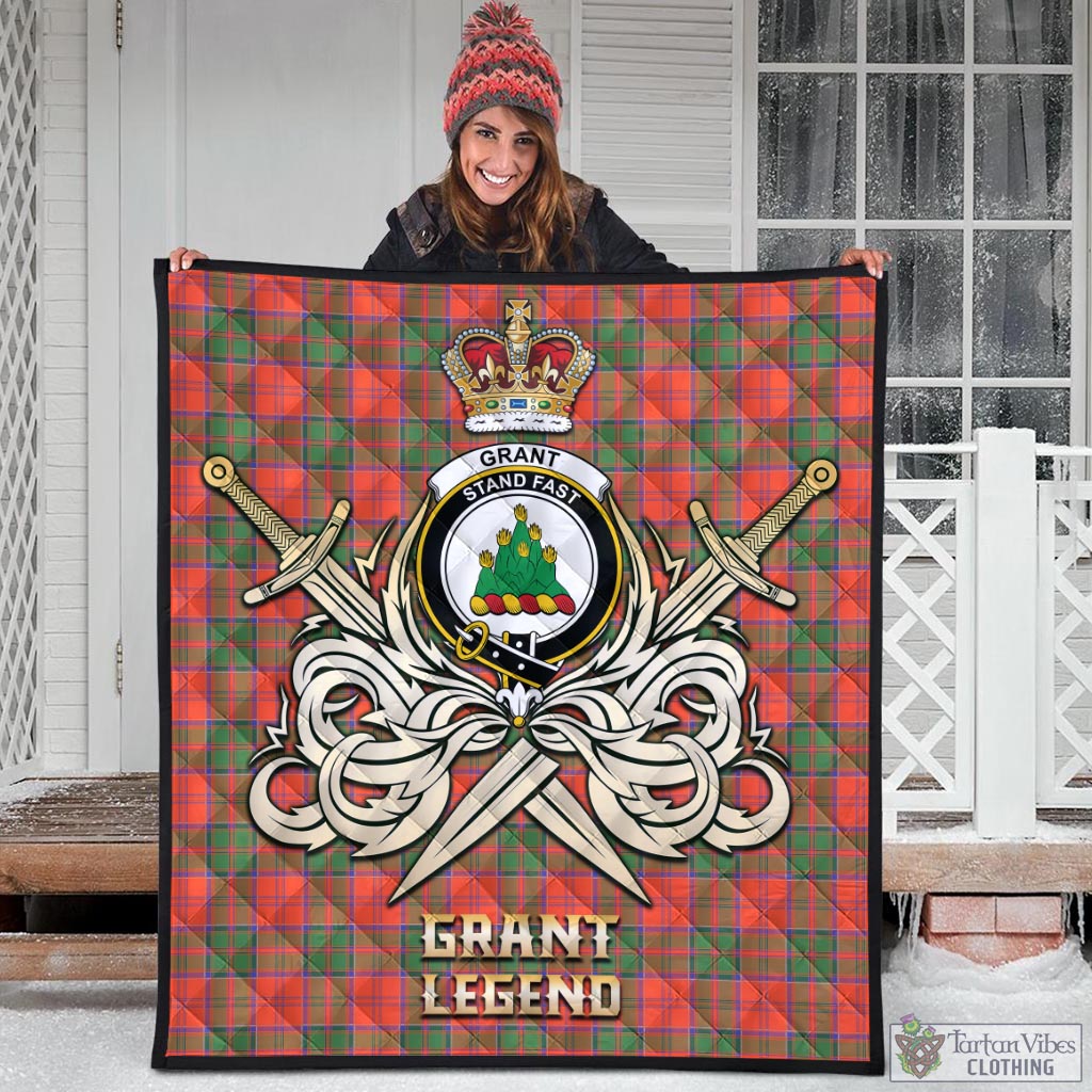 Tartan Vibes Clothing Grant Ancient Tartan Quilt with Clan Crest and the Golden Sword of Courageous Legacy