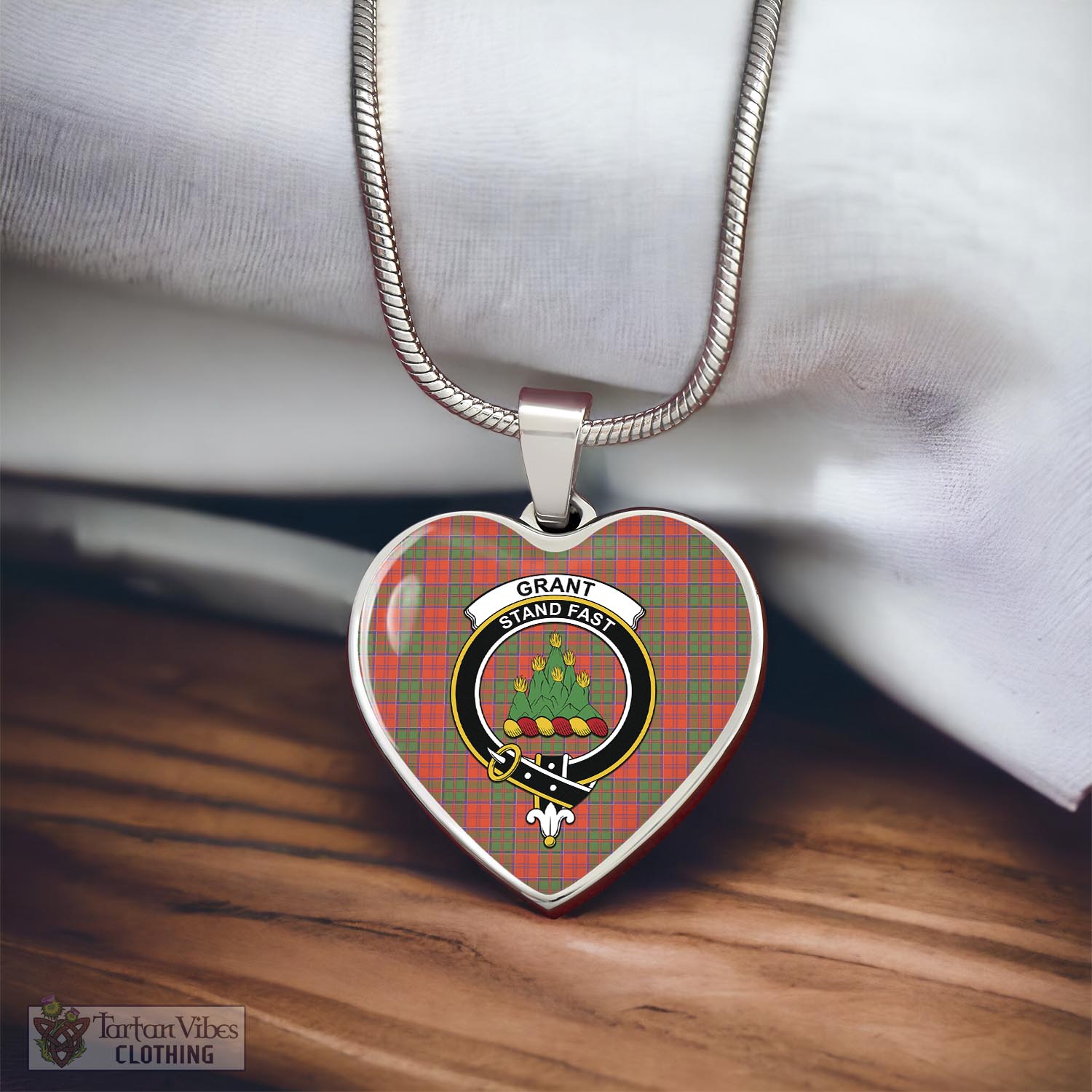 Tartan Vibes Clothing Grant Ancient Tartan Heart Necklace with Family Crest