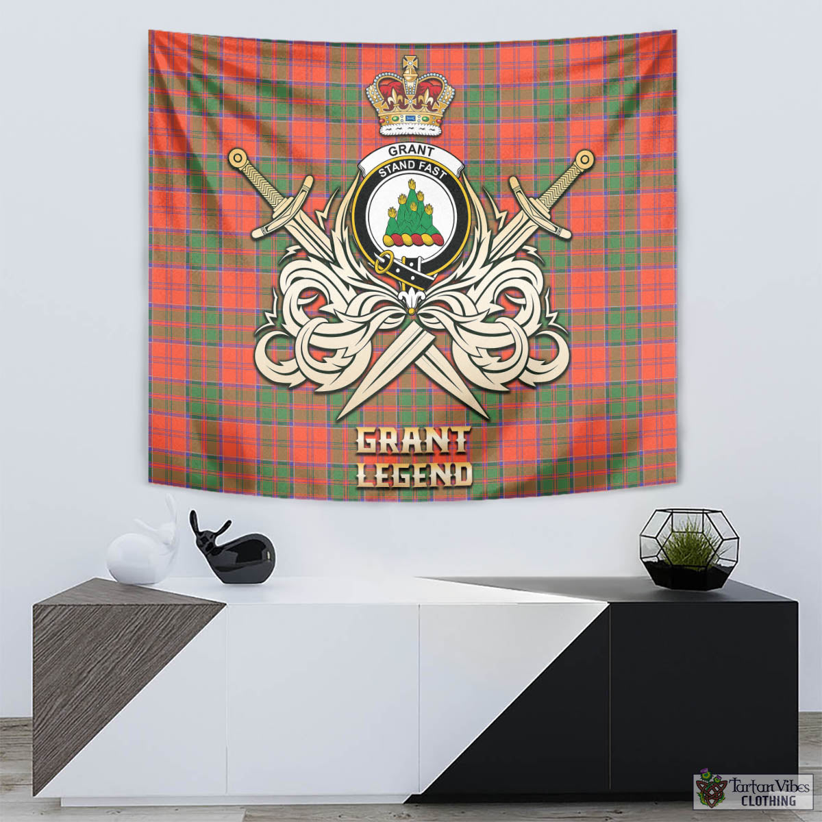 Tartan Vibes Clothing Grant Ancient Tartan Tapestry with Clan Crest and the Golden Sword of Courageous Legacy