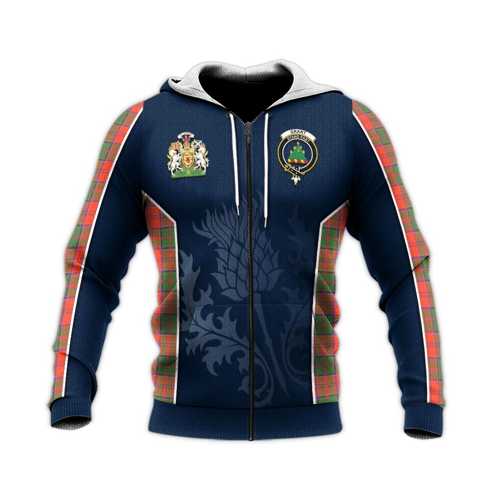 Tartan Vibes Clothing Grant Ancient Tartan Knitted Hoodie with Family Crest and Scottish Thistle Vibes Sport Style