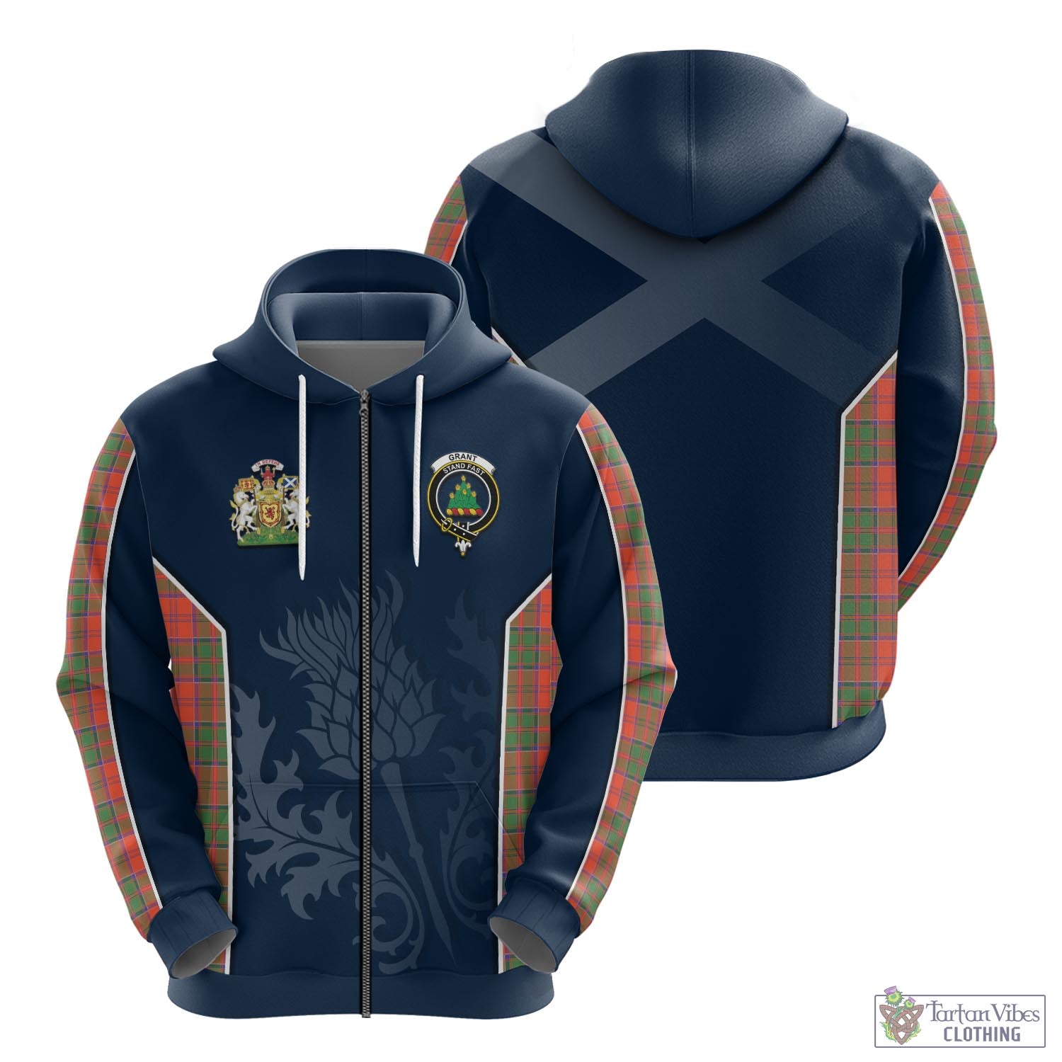 Tartan Vibes Clothing Grant Ancient Tartan Hoodie with Family Crest and Scottish Thistle Vibes Sport Style