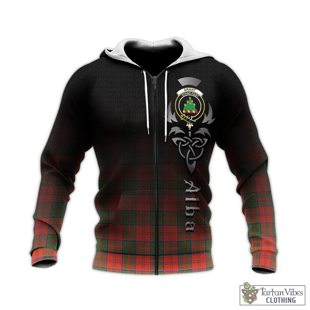 Tartan Vibes Clothing Grant Ancient Tartan Knitted Hoodie Featuring Alba Gu Brath Family Crest Celtic Inspired