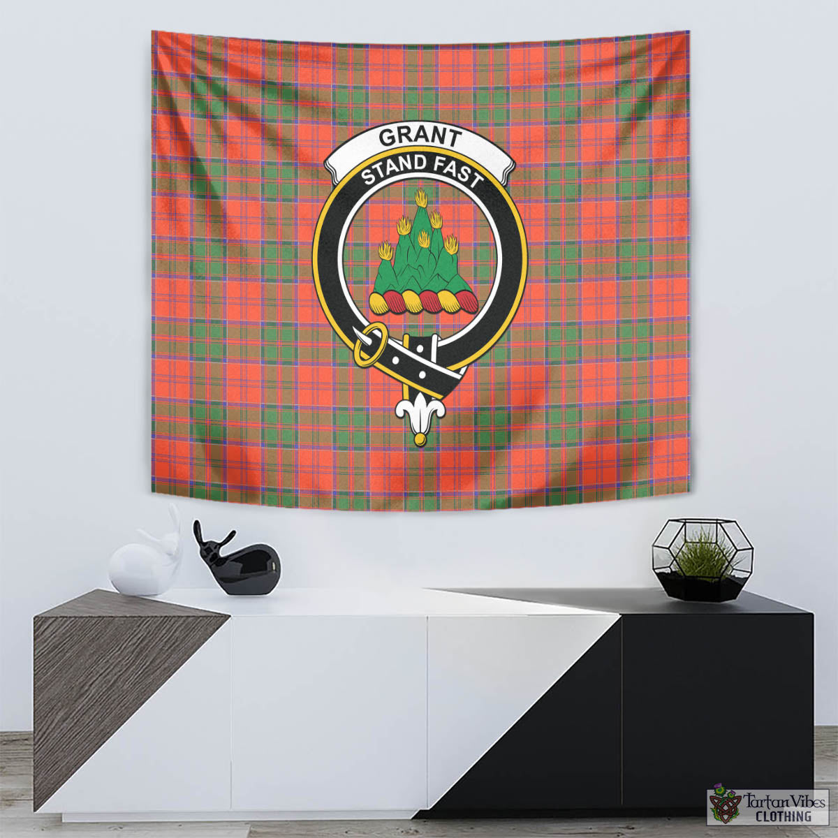 Tartan Vibes Clothing Grant Ancient Tartan Tapestry Wall Hanging and Home Decor for Room with Family Crest