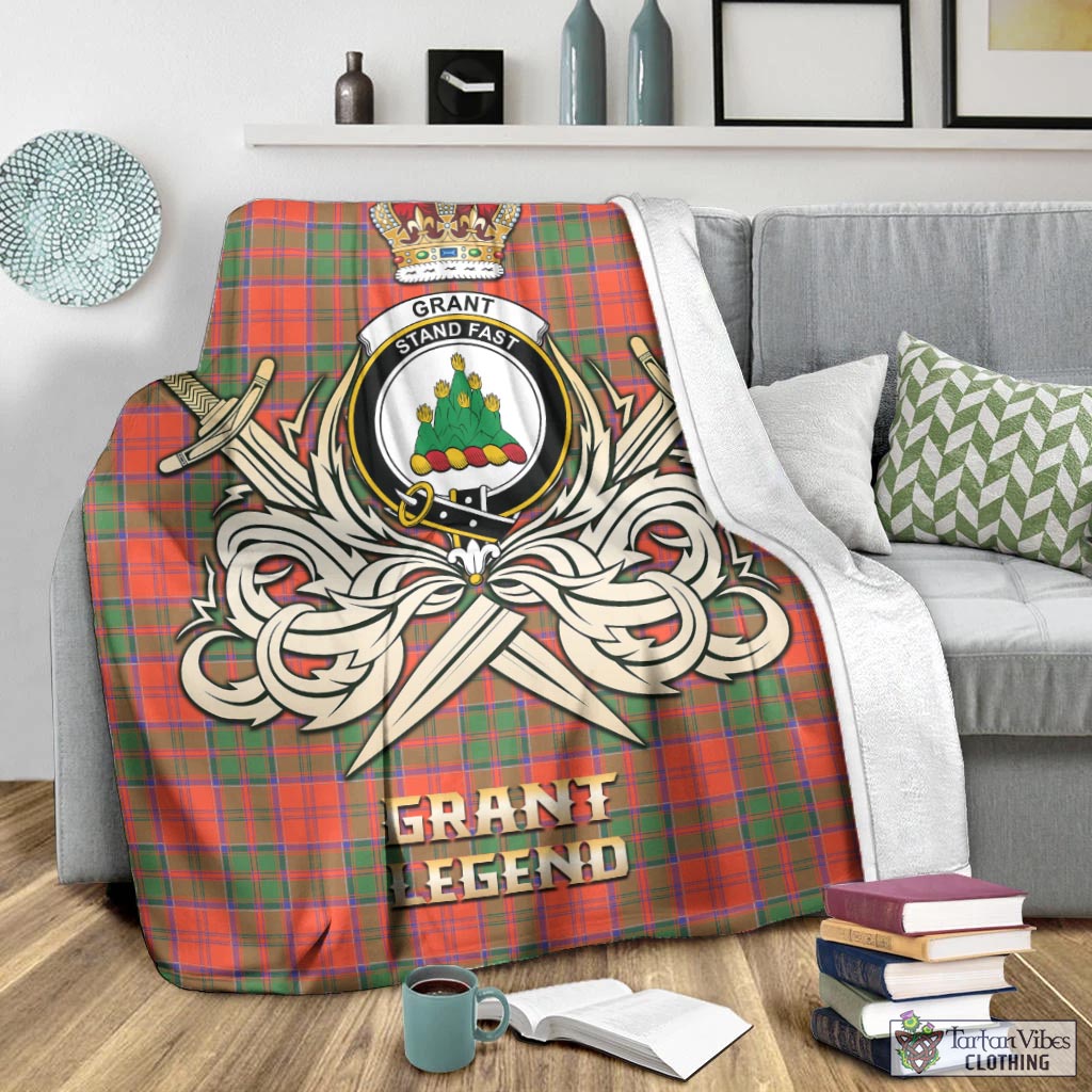 Tartan Vibes Clothing Grant Ancient Tartan Blanket with Clan Crest and the Golden Sword of Courageous Legacy