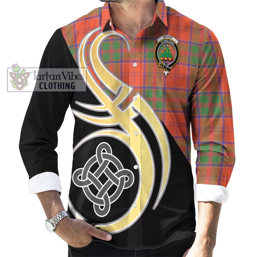 Grant Ancient Tartan Long Sleeve Button Shirt with Family Crest and Celtic Symbol Style - Tartan Vibes Clothing