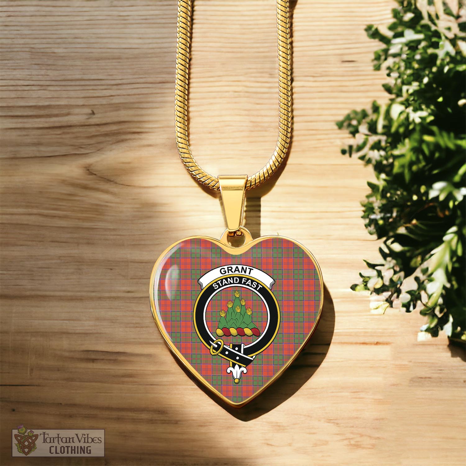 Tartan Vibes Clothing Grant Ancient Tartan Heart Necklace with Family Crest