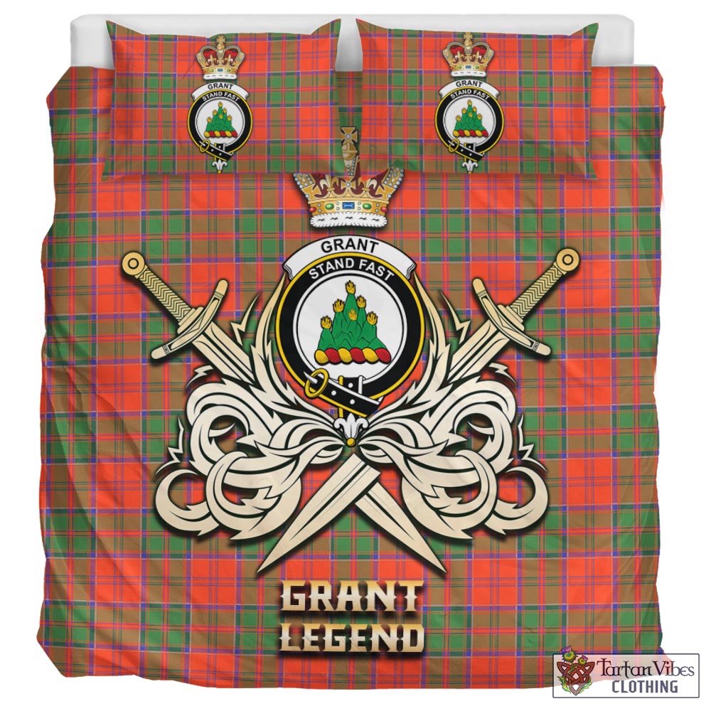 Tartan Vibes Clothing Grant Ancient Tartan Bedding Set with Clan Crest and the Golden Sword of Courageous Legacy