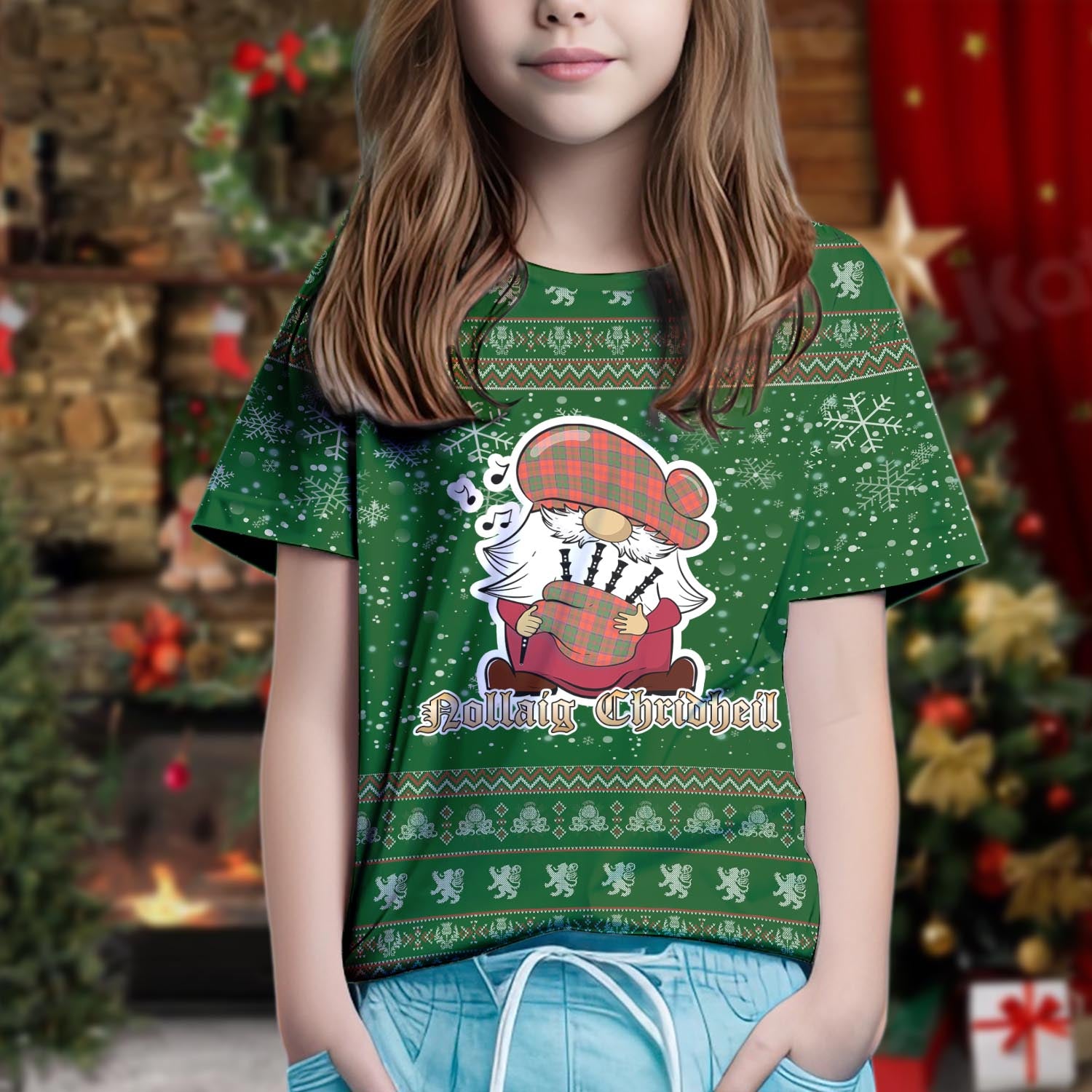 Grant Ancient Clan Christmas Family T-Shirt with Funny Gnome Playing Bagpipes Kid's Shirt Green - Tartanvibesclothing