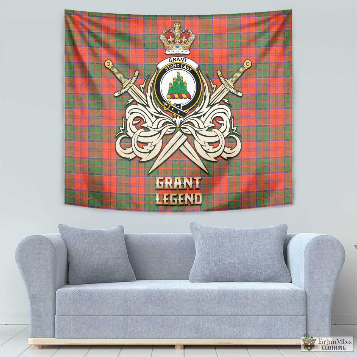 Tartan Vibes Clothing Grant Ancient Tartan Tapestry with Clan Crest and the Golden Sword of Courageous Legacy