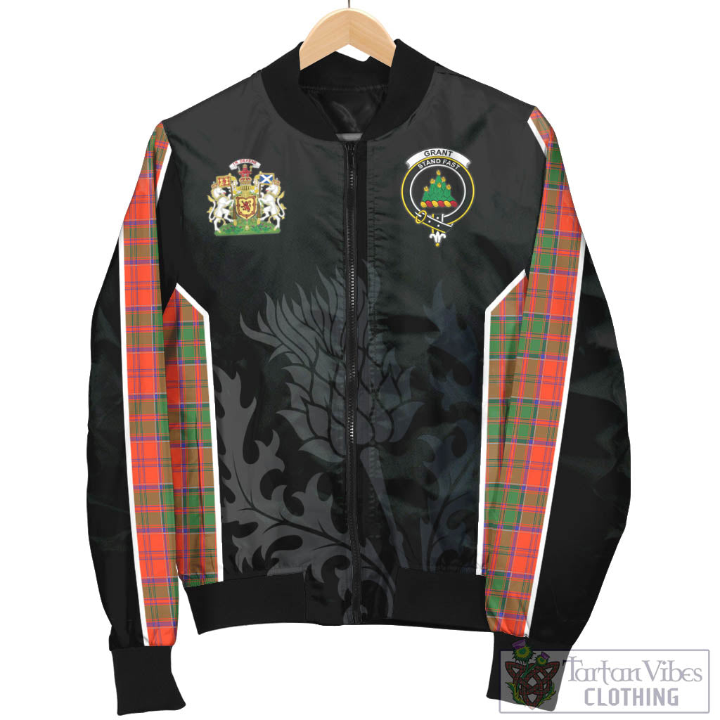 Tartan Vibes Clothing Grant Ancient Tartan Bomber Jacket with Family Crest and Scottish Thistle Vibes Sport Style