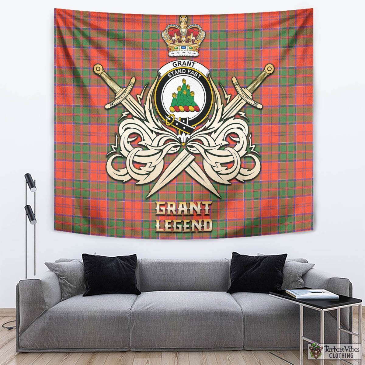 Tartan Vibes Clothing Grant Ancient Tartan Tapestry with Clan Crest and the Golden Sword of Courageous Legacy