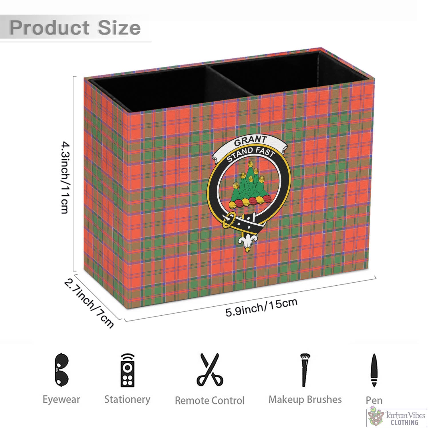 Tartan Vibes Clothing Grant Ancient Tartan Pen Holder with Family Crest