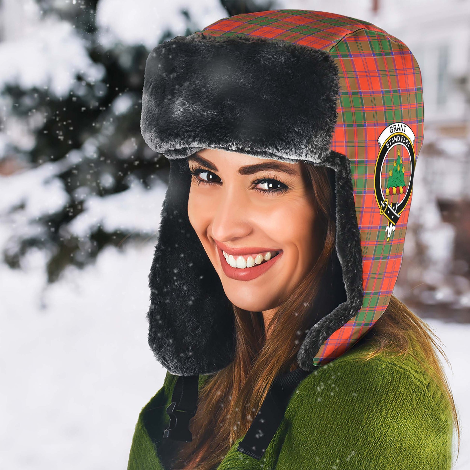 Grant Ancient Tartan Winter Trapper Hat with Family Crest - Tartanvibesclothing