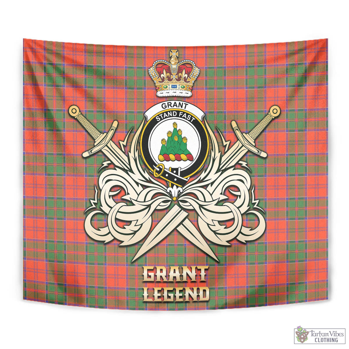 Tartan Vibes Clothing Grant Ancient Tartan Tapestry with Clan Crest and the Golden Sword of Courageous Legacy