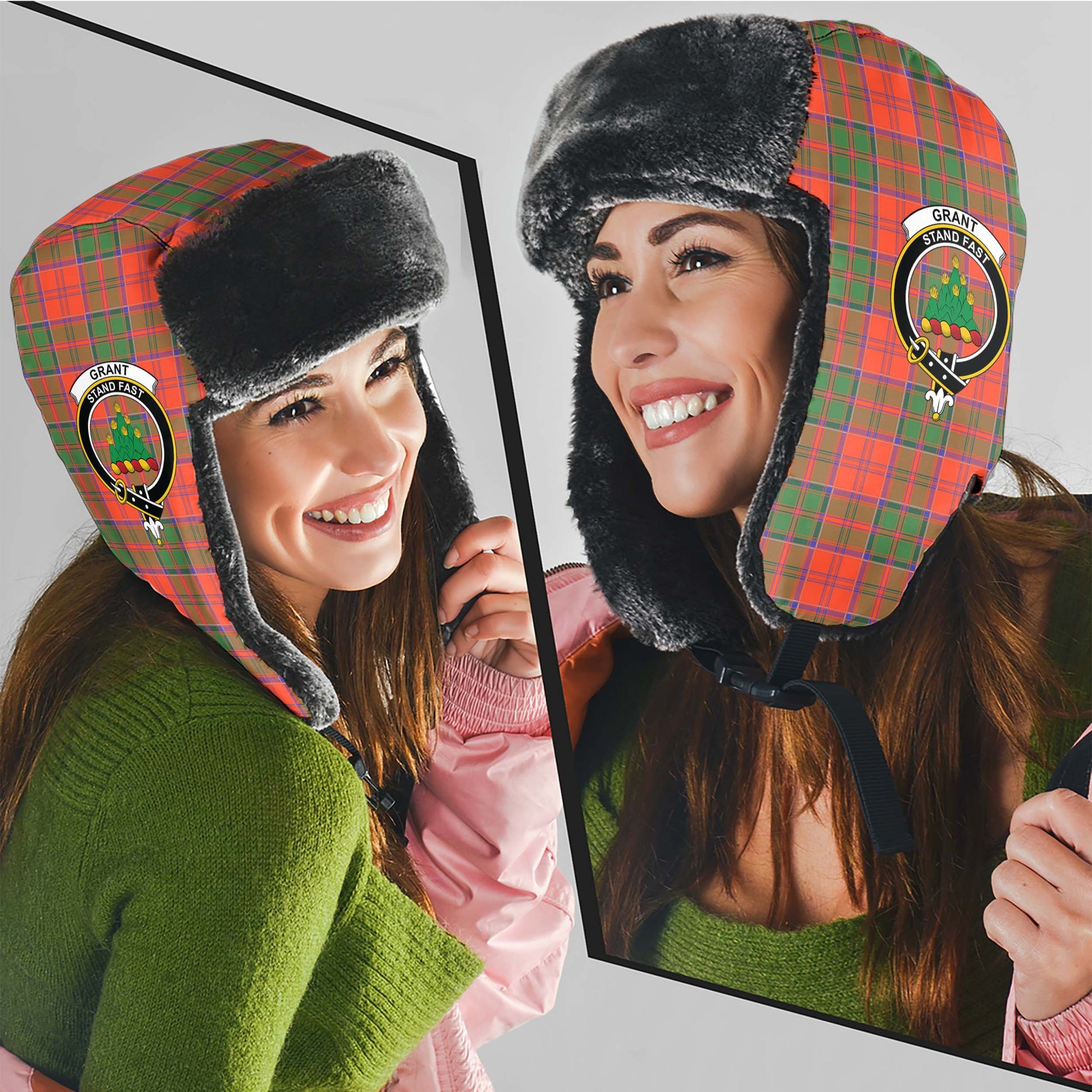 Grant Ancient Tartan Winter Trapper Hat with Family Crest - Tartanvibesclothing